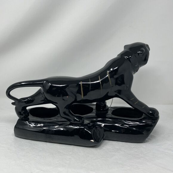 50s Mid Century Ceramic Black Panther Planter with Green Rhinestone Eyes & Chain - Picture 8 of 16